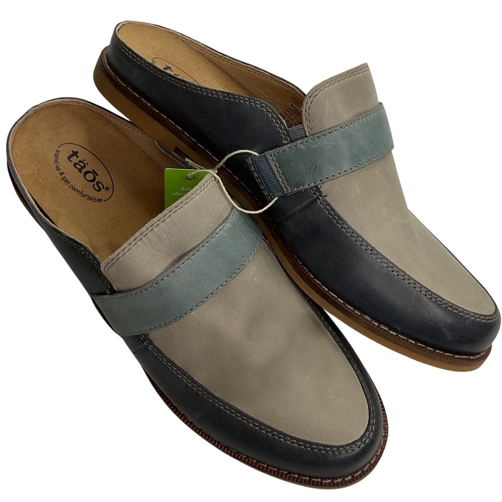 Taos Royal Leather Mules Colorblock Slip On Loafer Slides Gray Blue Womens 8.5